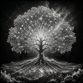 Black and white illustration of a tree with roots and glowing leaves against a dark background