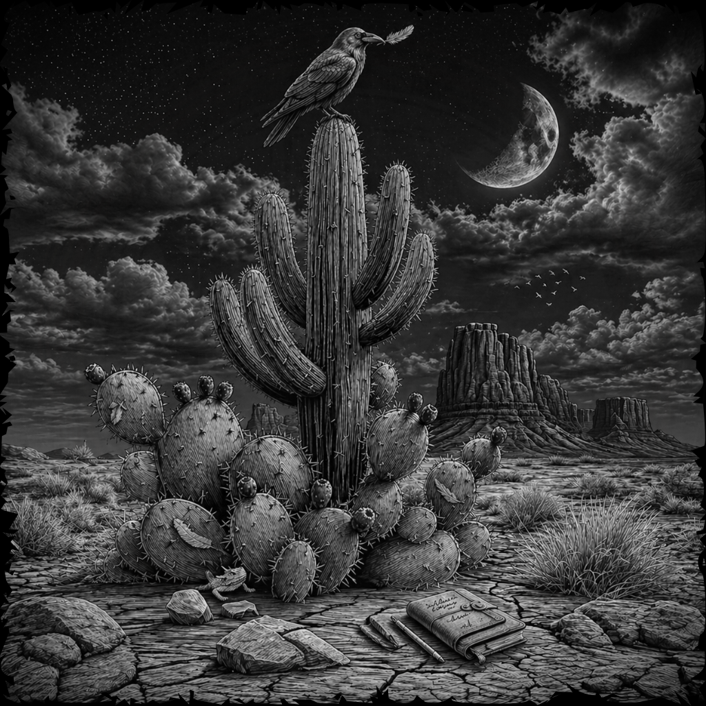 Black and white desert landscape with cacti, a bird, and a moonlit sky.
