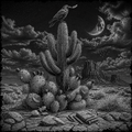 Black and white desert landscape with cacti, a bird, and a moonlit sky.