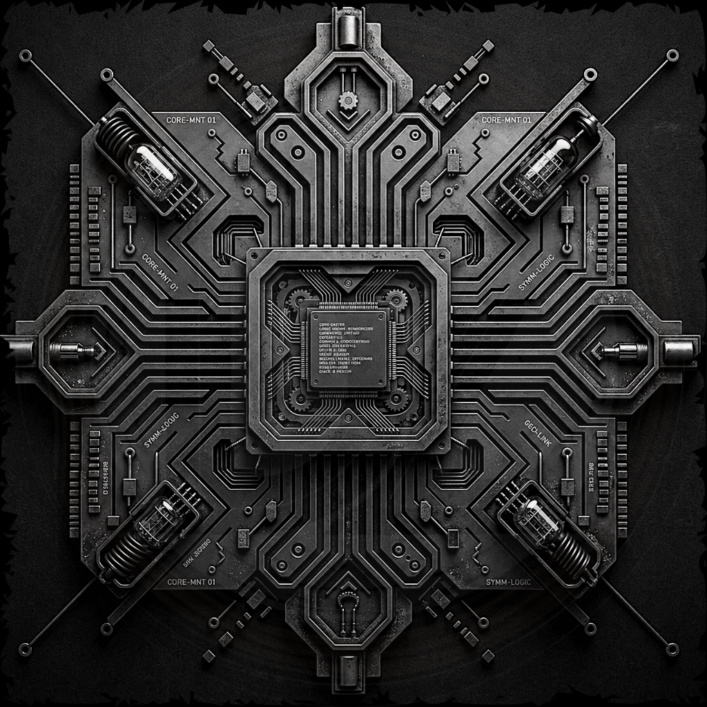 Complex black and gray circuit board design on a dark background