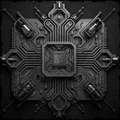 Complex black and gray circuit board design on a dark background