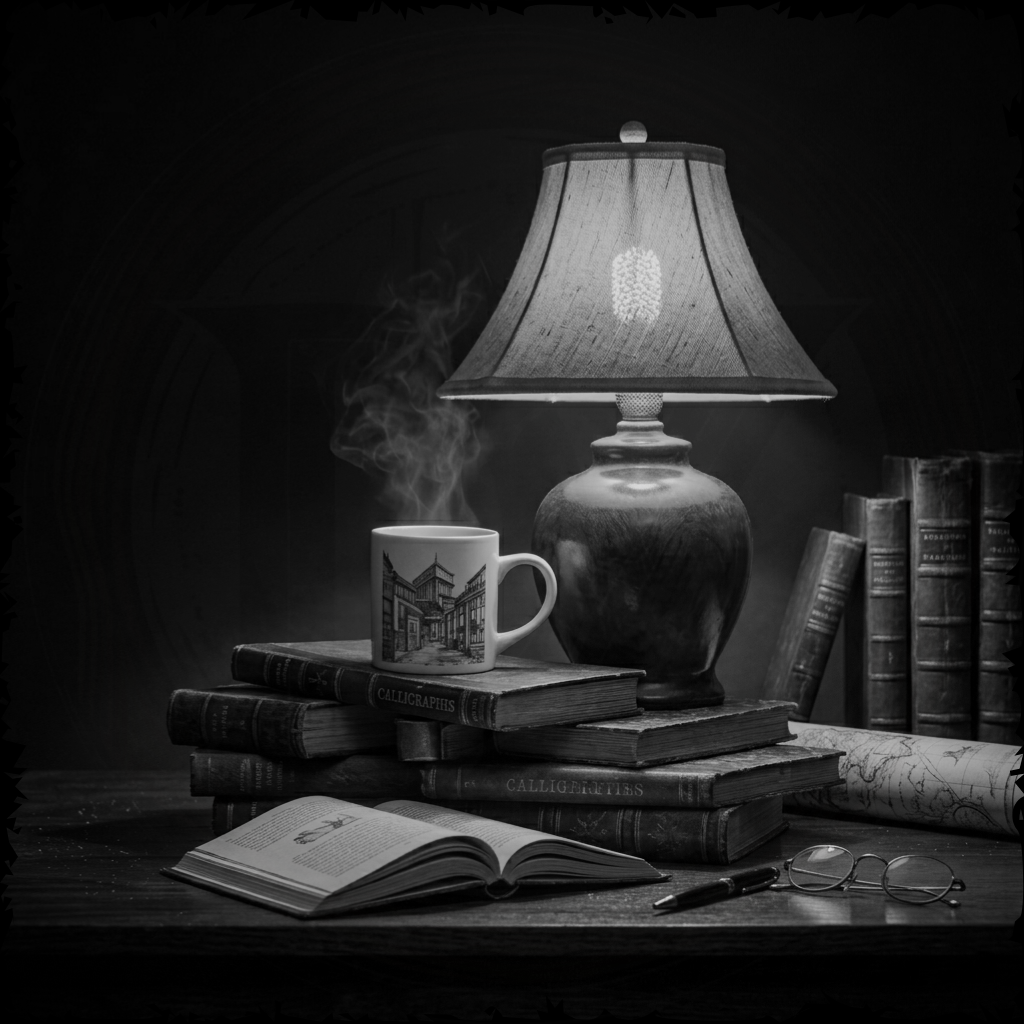 Black and white still life scene with a lamp, books, a mug, and an open book on a table.