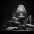 Black and white still life scene with a lamp, books, a mug, and an open book on a table.