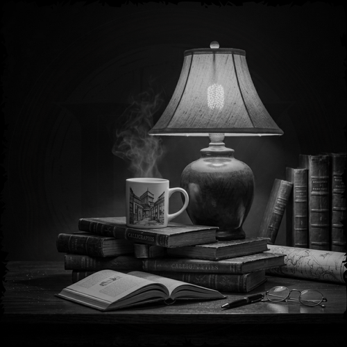Black and white still life scene with a lamp, books, a mug, and an open book on a table.