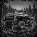 Vintage truck with large tires in a forest setting