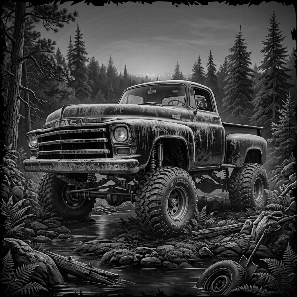 Vintage truck with large tires in a forest setting