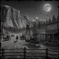 Black and white Western town scene with mountains and a full moon.