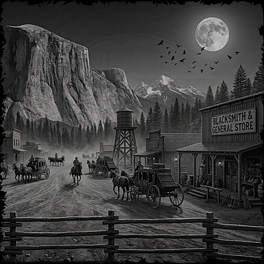 Black and white Western town scene with mountains and a full moon.