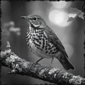 Black and white bird perched on a branch with a blurred natural background