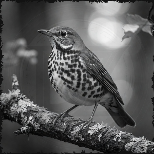 Black and white bird perched on a branch with a blurred natural background