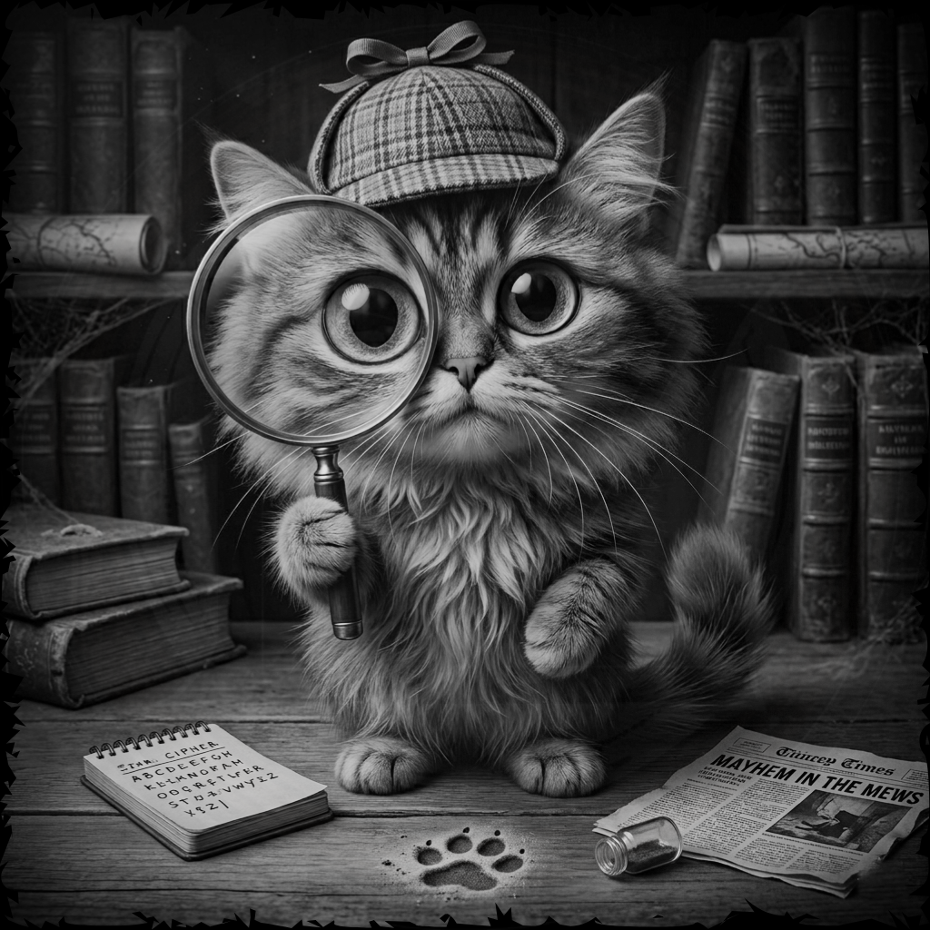 Cat with a magnifying glass in a detective setting with books and newspapers.