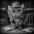 Cat with a magnifying glass in a detective setting with books and newspapers.