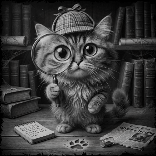 Cat with a magnifying glass in a detective setting with books and newspapers.