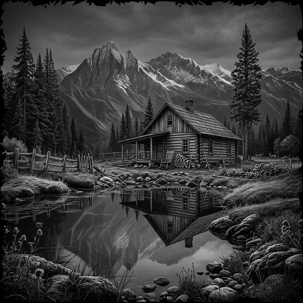 Black and white illustration of a log cabin by a mountain lake