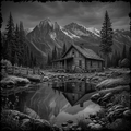 Black and white illustration of a log cabin by a mountain lake