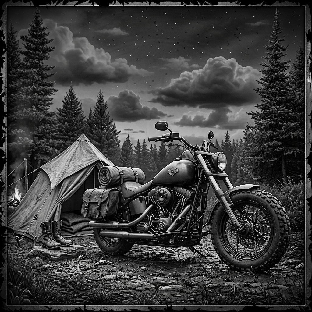 Motorcycle parked near a tent in a forest at night