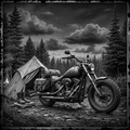 Motorcycle parked near a tent in a forest at night