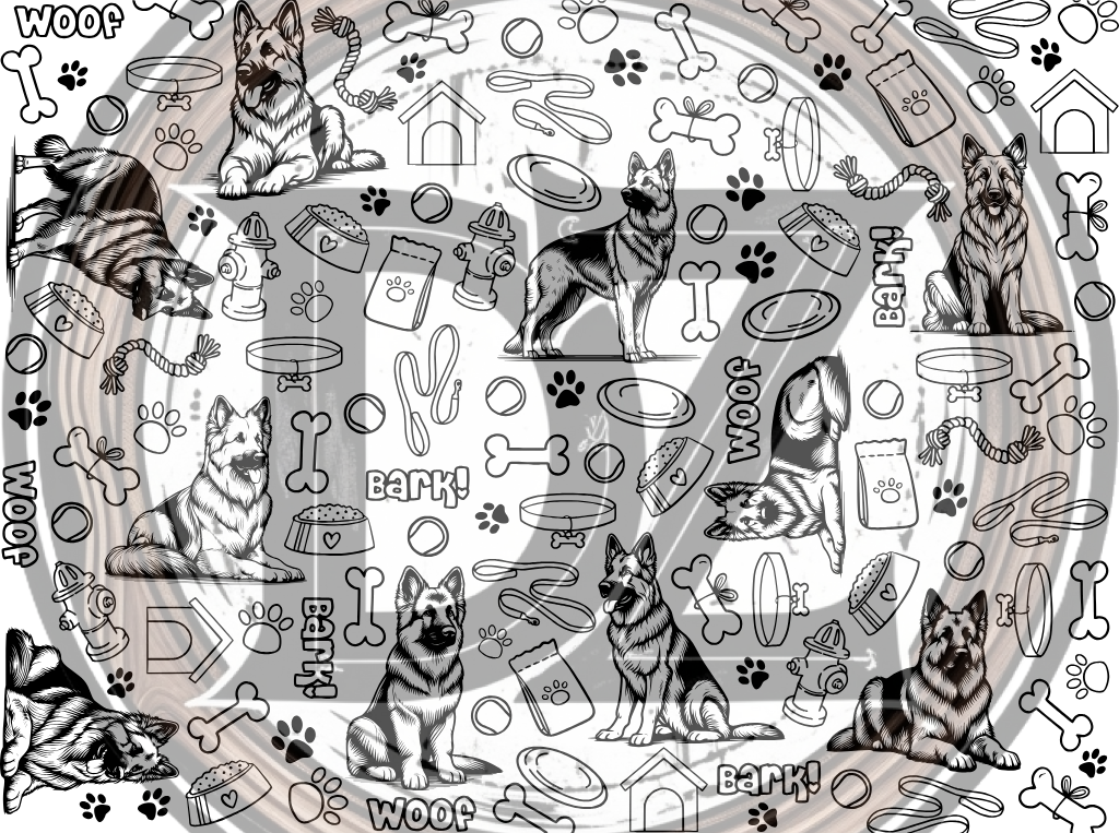 Circular design with dogs and dog-related items