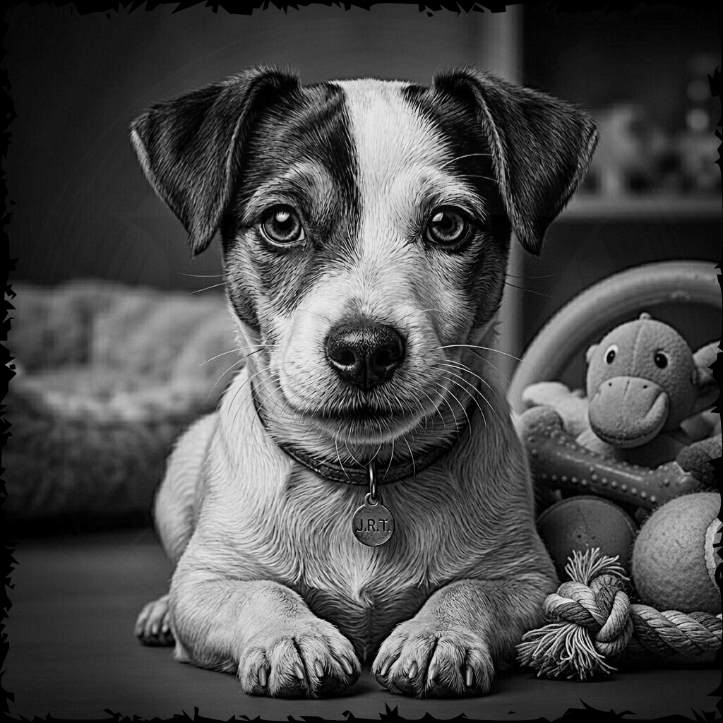 Black and white puppy with toys in a home setting