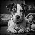 Black and white puppy with toys in a home setting