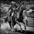 Black and white illustration of a cowboy riding a horse in a Western town setting.