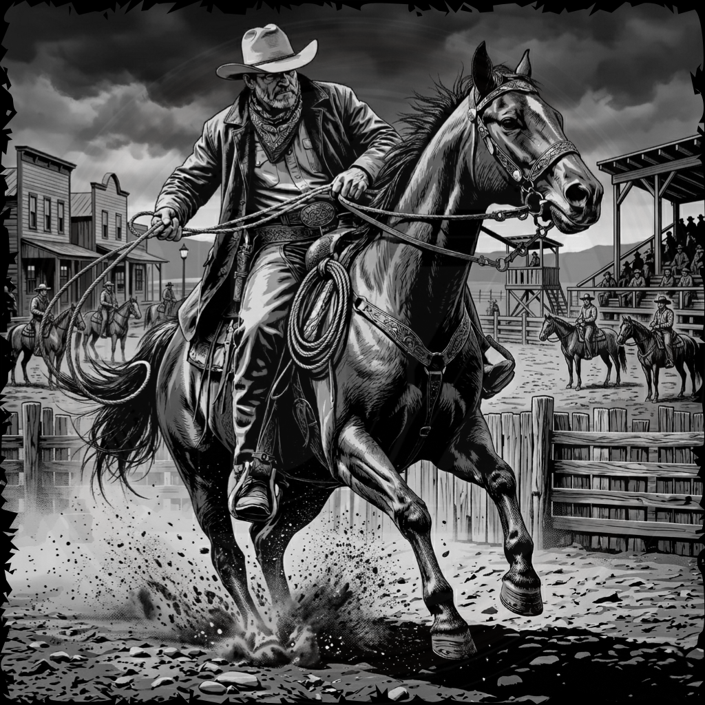 Black and white illustration of a cowboy riding a horse in a Western town setting.