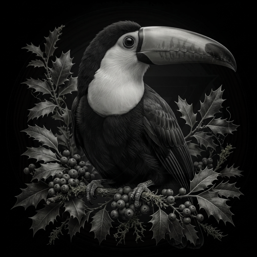 Black and white toucan surrounded by leaves and berries on a black background