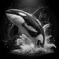 Orca whale breaching through water with a dark background