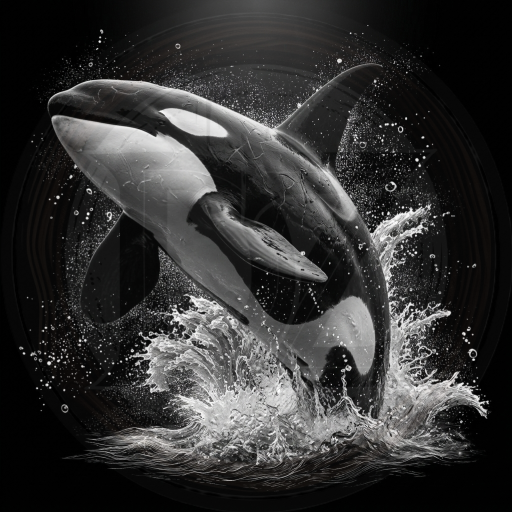 Orca whale breaching through water with a dark background