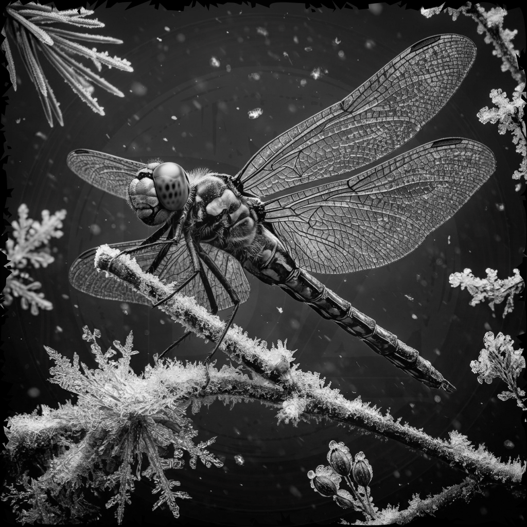 Dragonfly on a branch with a black and white background