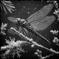 Dragonfly on a branch with a black and white background