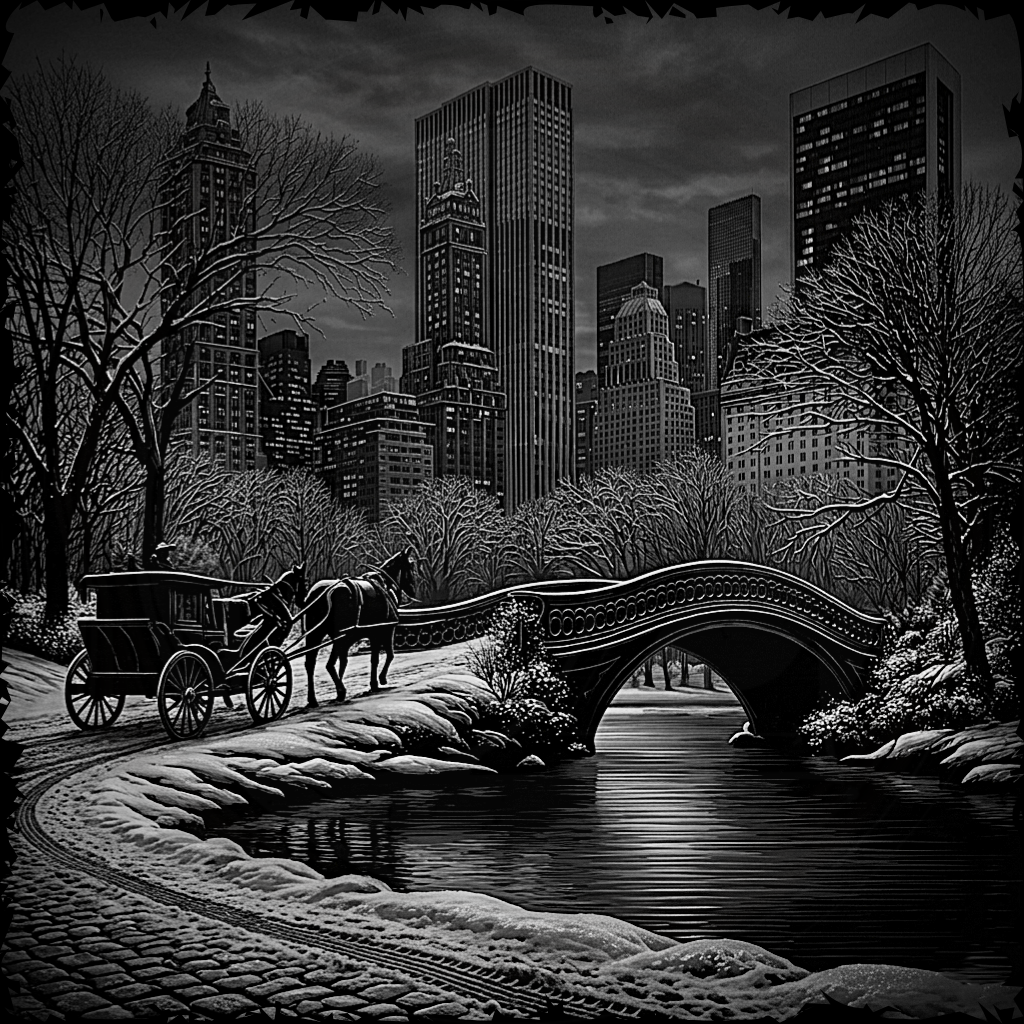 Snowy cityscape with a horse-drawn carriage crossing a bridge over a pond.