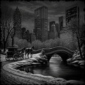 Snowy cityscape with a horse-drawn carriage crossing a bridge over a pond.