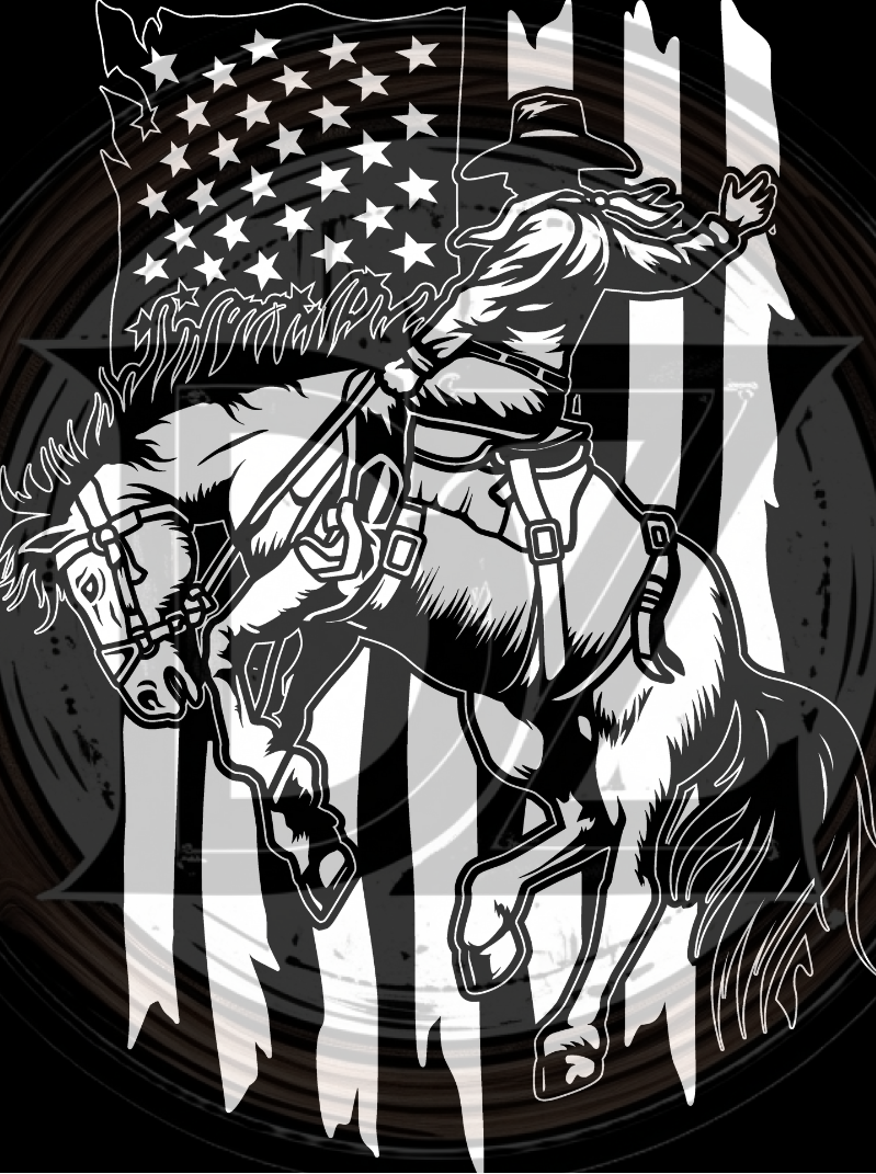 Black and white illustration of a cowboy riding a horse with an American flag in the background.
