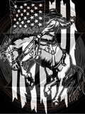 Black and white illustration of a cowboy riding a horse with an American flag in the background.