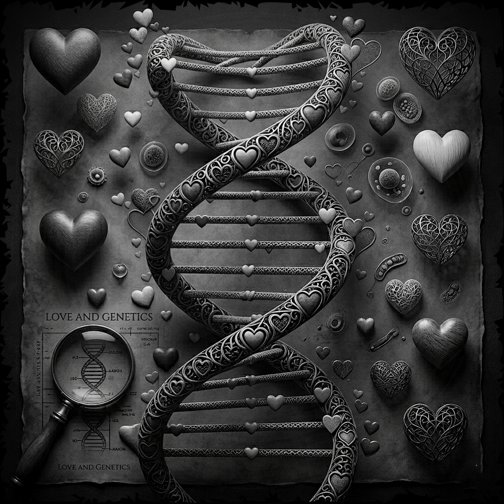Decorative design with DNA helix, hearts, and magnifying glass on a textured background.