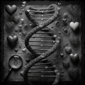 Decorative design with DNA helix, hearts, and magnifying glass on a textured background.