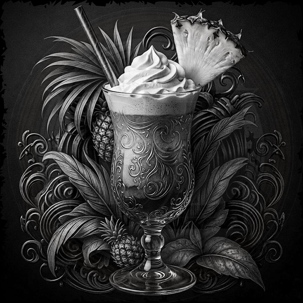 Decorative illustration of a glass with whipped cream and pineapple slices, surrounded by foliage on a dark background.