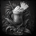 Decorative illustration of a glass with whipped cream and pineapple slices, surrounded by foliage on a dark background.