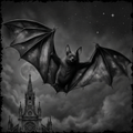 Bat flying in front of a gothic cathedral with a moonlit sky