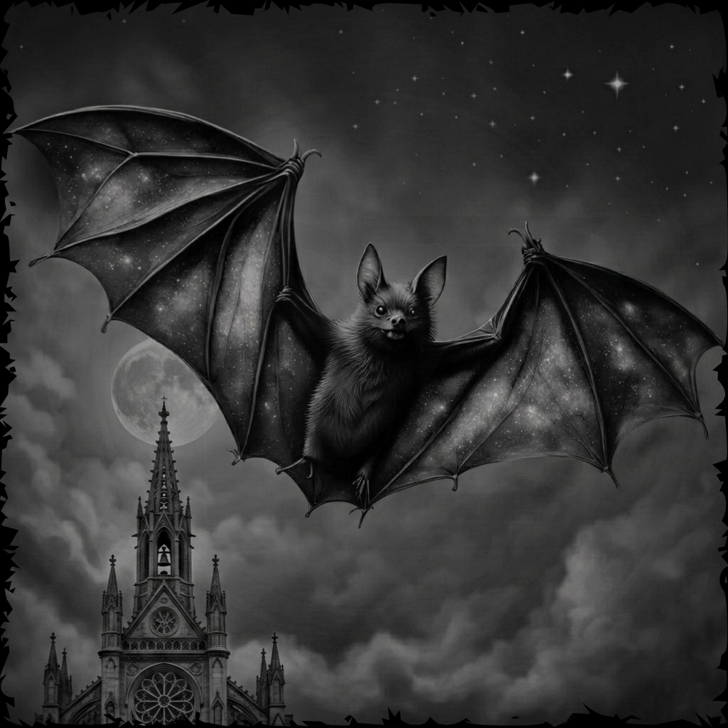 Bat flying in front of a gothic cathedral with a moonlit sky