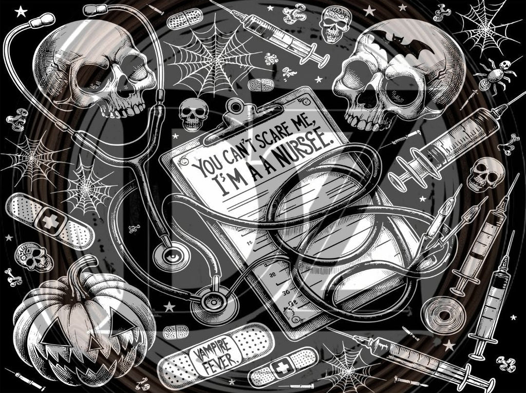 Halloween-themed design with skulls, pumpkins, and medical equipment on a black background.