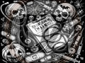 Halloween-themed design with skulls, pumpkins, and medical equipment on a black background.