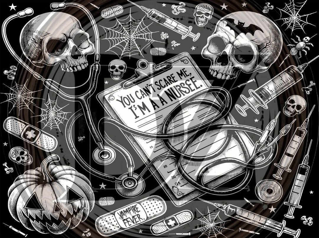 Halloween-themed design with skulls, pumpkins, and medical equipment on a black background.