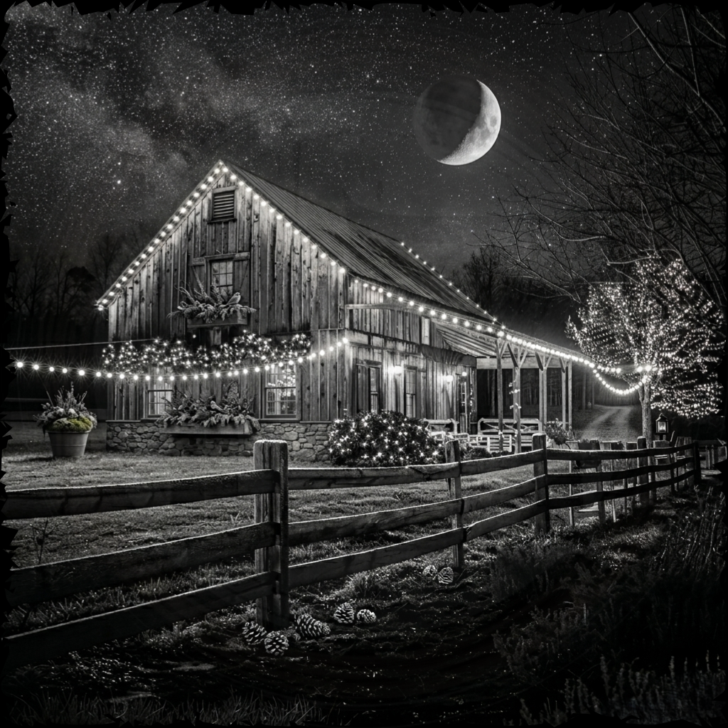 Decorated barn at night with string lights and a full moon.