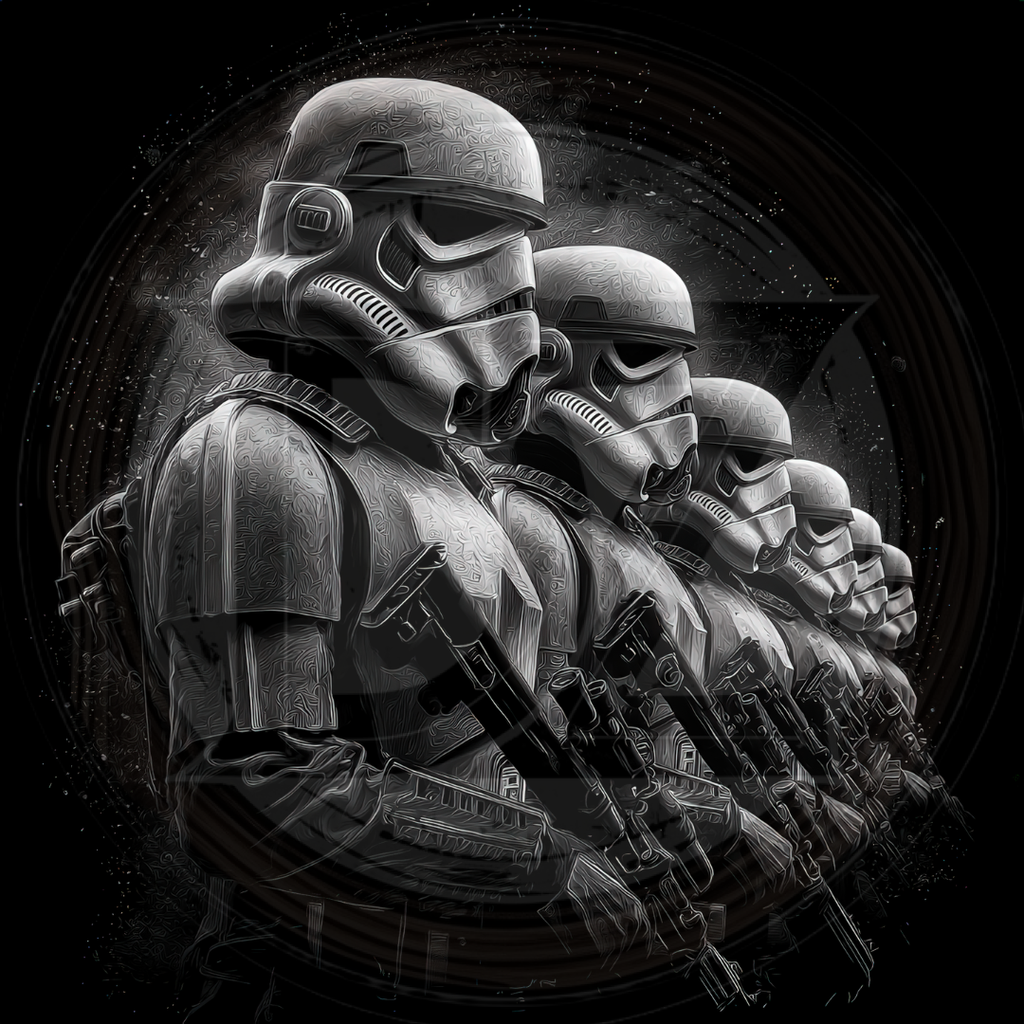 Illustration of stormtroopers in a row with a dark background