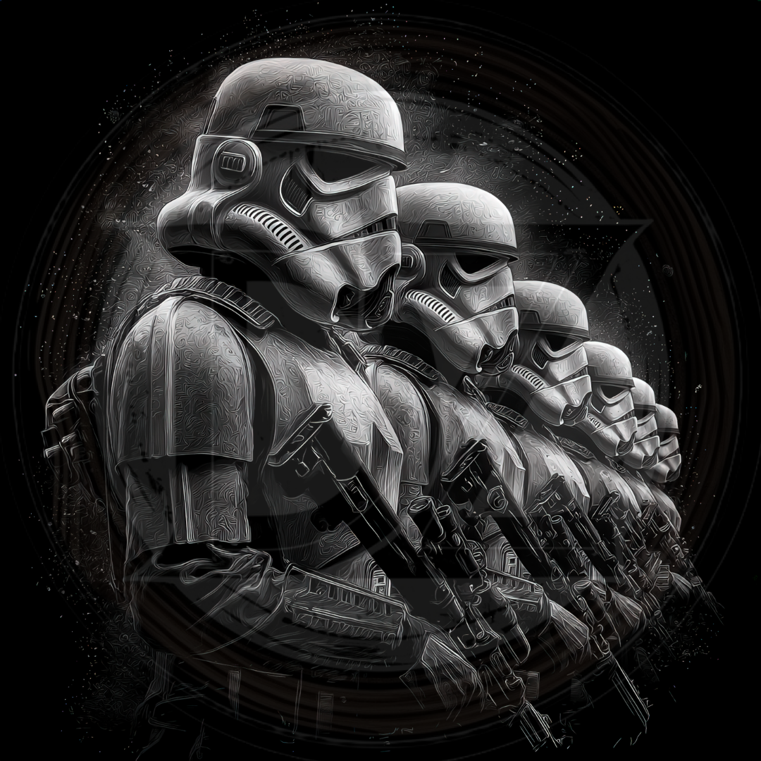 Illustration of stormtroopers in a row with a dark background
