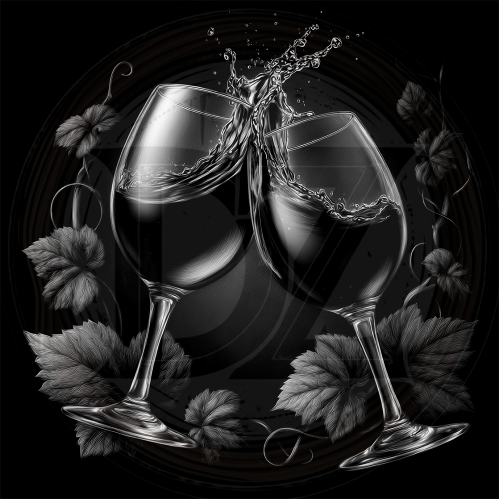 Two wine glasses with a splash of liquid against a dark background with leaves.
