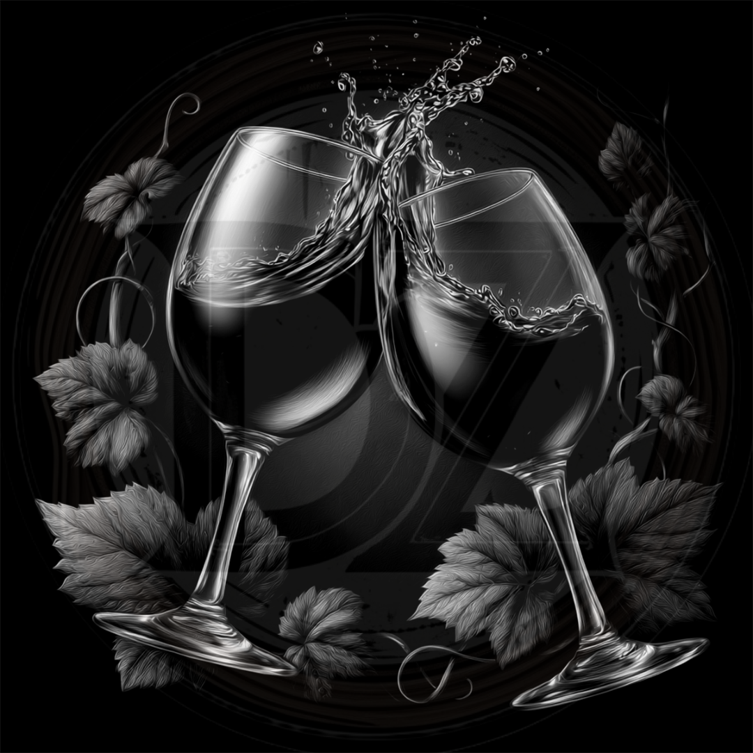 Two wine glasses with a splash of liquid against a dark background with leaves.