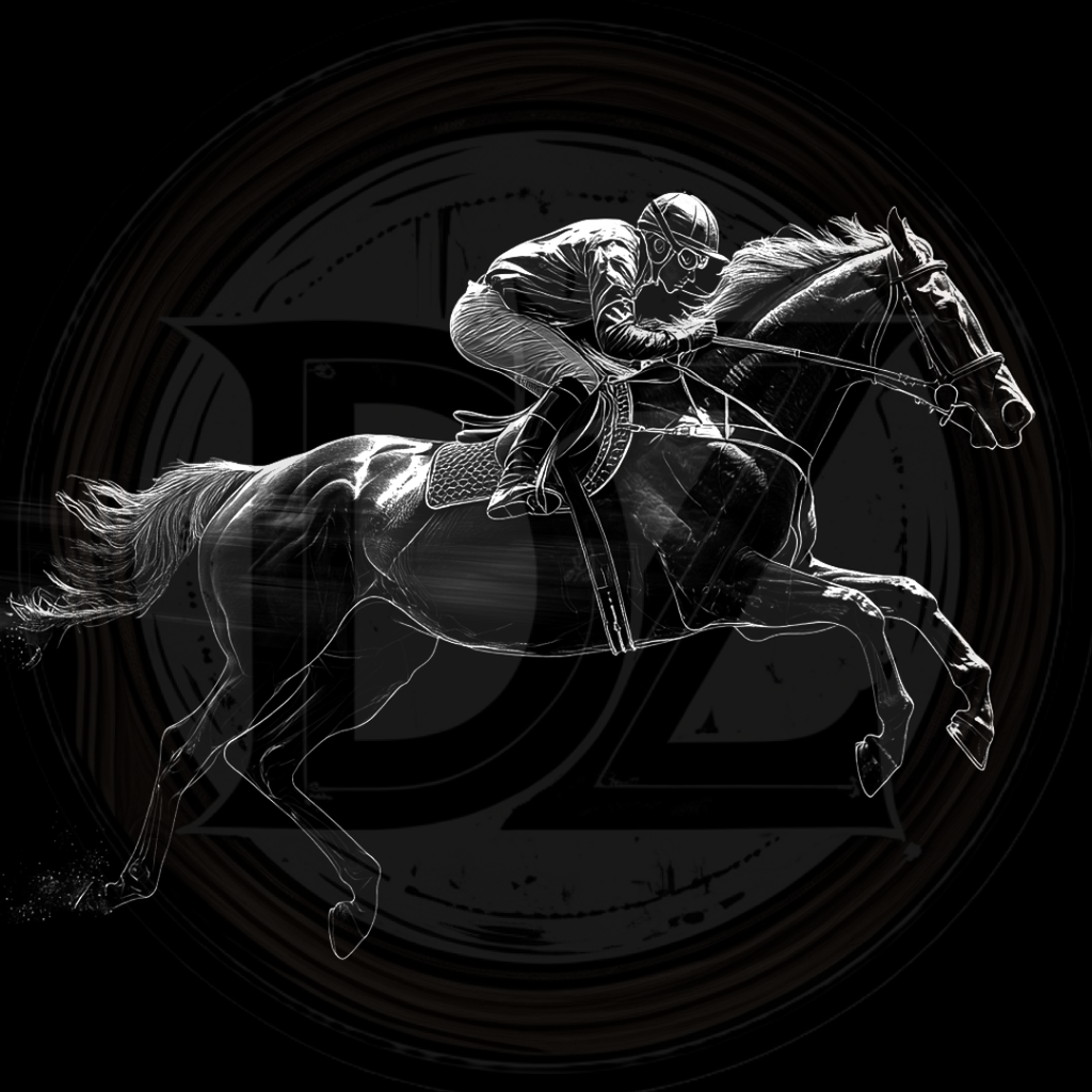 Black and white illustration of a jockey on a horse